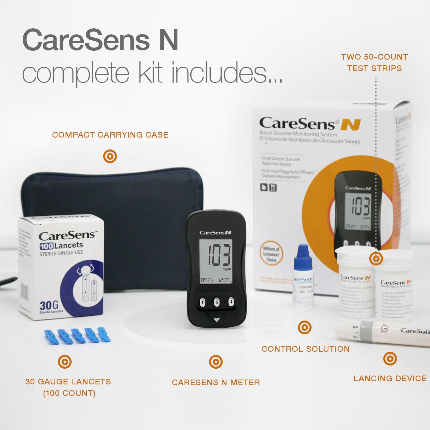 CareSens N Plus Bluetooth Blood Glucose Monitor Kit with 100 Test Strips,  100 Lancets, 1 Blood Glucose Meter, 1 Lancing Device, Travel Case for